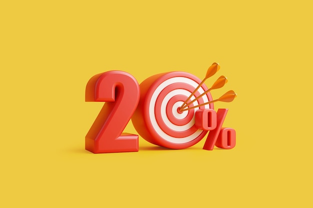Il bersaglio rosso con la freccia forma il numero 20% su un'illustrazione di rendering 3D con sfondo giallo