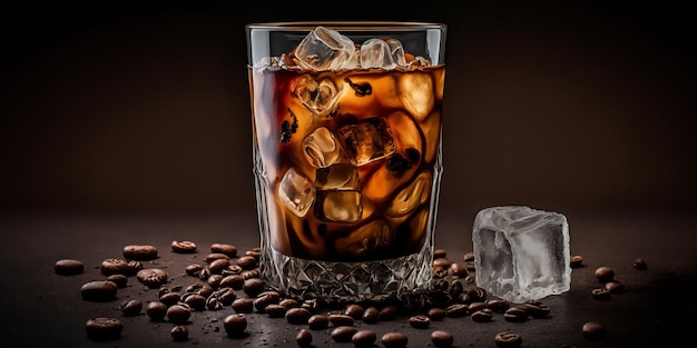 Il bicchiere di caffè Ice Americano sullo sfondo nero con intelligenza artificiale generata