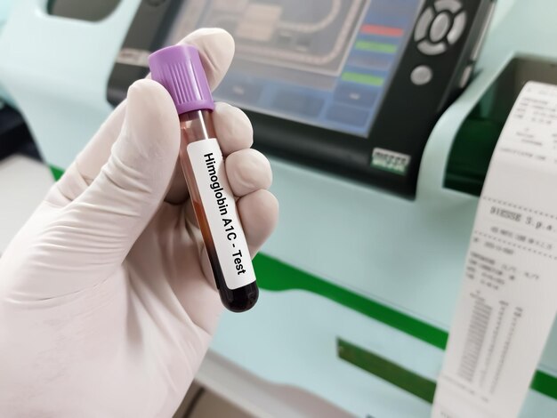 Il biochimico o il tecnico di laboratorio detiene un campione di sangue per l'emoglobina A1c di HbA1c