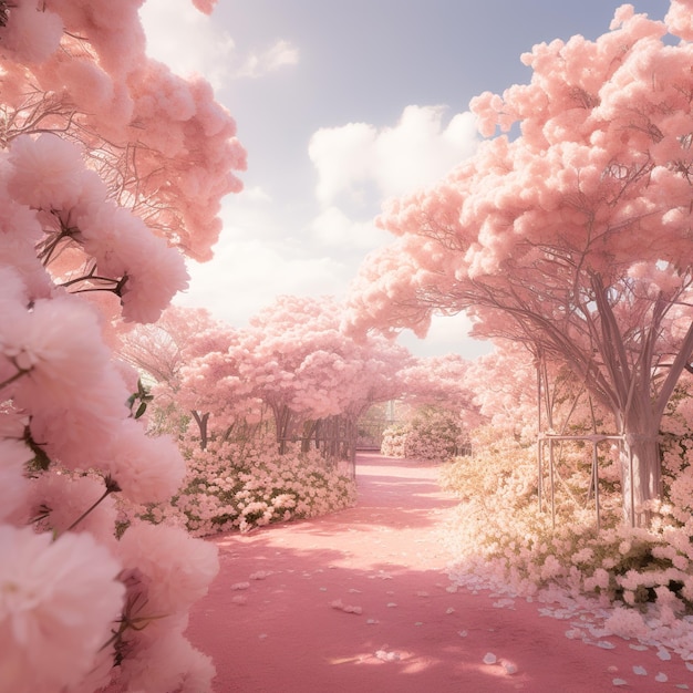 Il bizzarro giardino pastello fiorisce sotto un cielo rosato