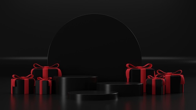 Il black friday 3d rende il podio nero astratto con il mockup di visualizzazione del prodotto di sfondo nero e rosso