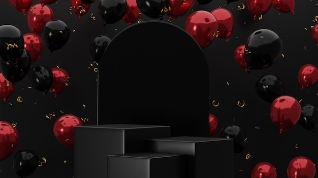 Il black friday 3d rende il podio nero astratto con il mockup di visualizzazione del prodotto di sfondo nero e rosso