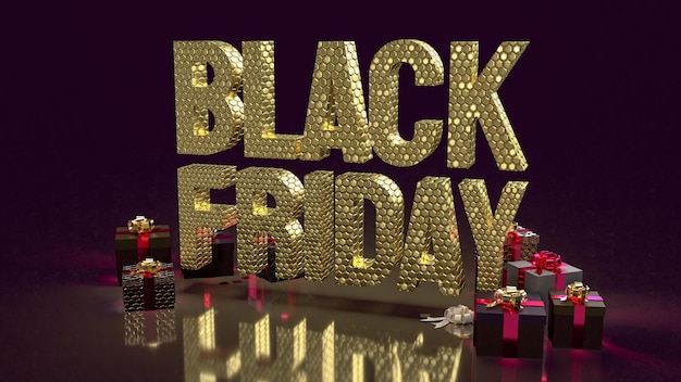 Il Black Friday d'oro e la confezione regalo su sfondo nero rendering 3d