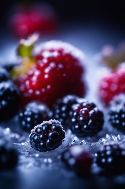 Il BlackBerry congelato si concentra solo sui frutti di bosco sullo sfondo sfocato