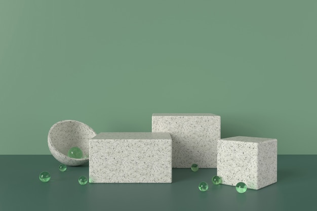 Il blocco di terrazzo si leva in piedi con l'atmosfera verde e le sfere di vetro, illustrazione 3d