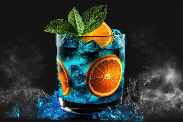 Il Blue Lagoon Mojito è un cocktail di soda blu che viene servito con cubetti di ghiaccio e fette d'arancia fresche