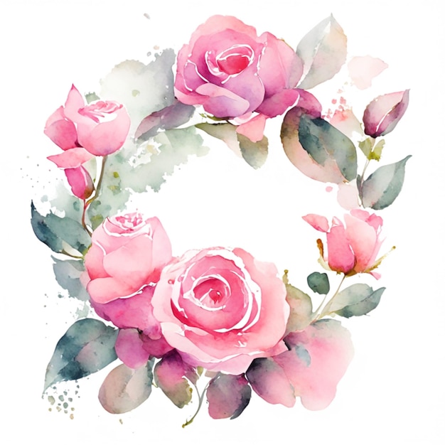 Il bordo è un'illustrazione di auguri di matrimonio di rose rosa e foglie verdi IA generativa