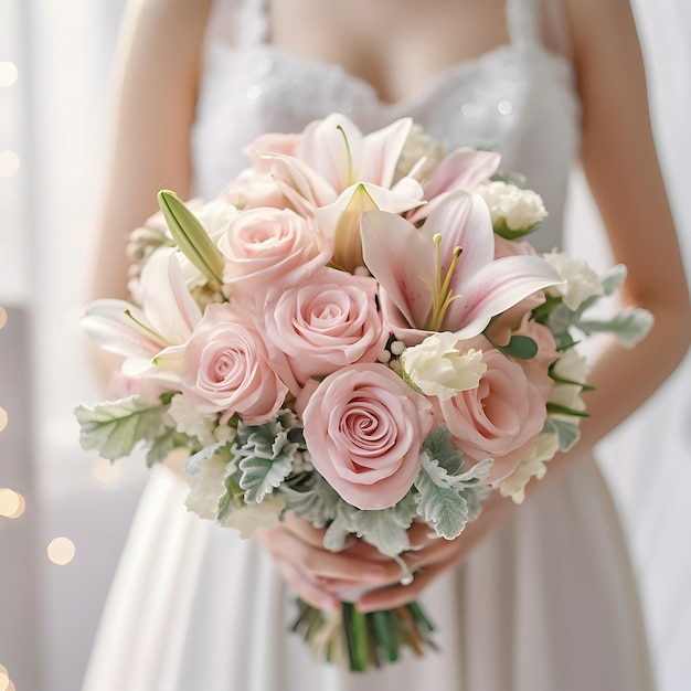 Il bouquet di nozze nelle mani della sposa bellissimi fiori di nozze il bouquet di sposazione della sposa con rose rosa pastello e lilac nelle mani delle donne la mattina della sposa il concetto di nozze generato dall'AI