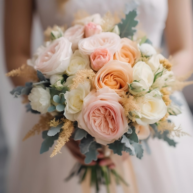 Il bouquet di nozze nelle mani della sposa bellissimi fiori di nozze il bouquet di sposazione della sposa con rose rosa pastello nelle mani delle donne la mattina della sposa il concetto di nozze generato dall'AI