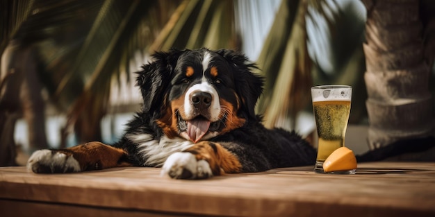 Il bovaro bernese è in vacanza estiva in località balneare e si rilassa sulla spiaggia estiva delle Hawaii