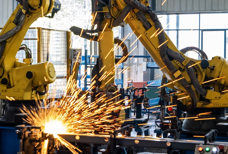 Foto il braccio del robot è sulla linea di produzione