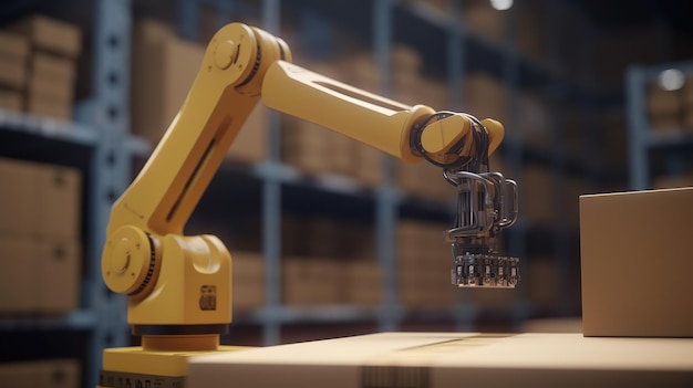 Il braccio del robot raccoglie la scatola per il trasporto del robot autonomo nei magazzini Tecnologie futuristiche del futuro IA generativa