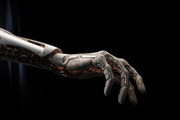 Il braccio robotico dell'unità umana e dell'intelligenza artificiale tocca la mano ispirato all'IA generativa della creazione di Adamo