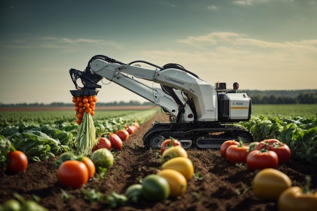 Il braccio robotico per l'agricoltura di precisione che raccoglie le verdure simboleggia l'automazione agricola AR c