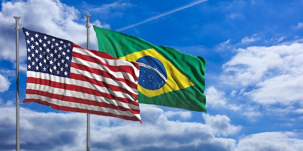 Il Brasile e l'America sventolano bandiere sull'illustrazione 3d del cielo blu