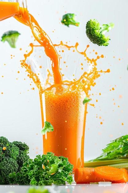 il broccolo di carota, il sedano e il succo di verdure si riversano dall'alto in un bicchiere