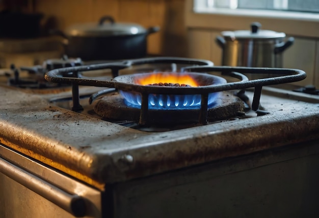 Il bruciatore a gas sulla stufa sporca è in fiamme da un bruciante a gas fiamma blu dal comcorder della stufa a gas stufa Sporca