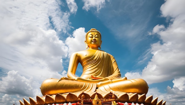 Il Buddha d'oro contro il cielo nuvoloso