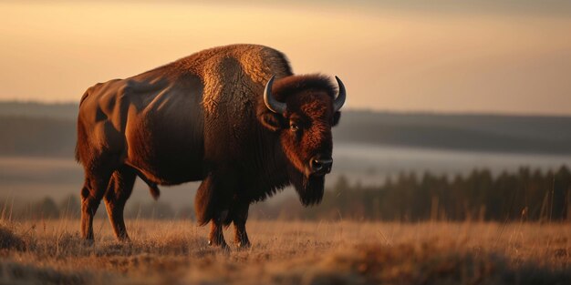 Il bufalo europeo Bison bonasus è visibile in natura in piedi contro l'orizzonte