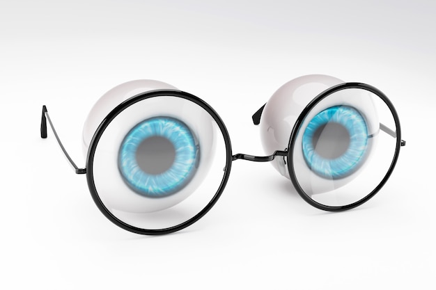 Il bulbo oculare blu dell'occhio umano e gli occhiali rotondi neri messi su bianco