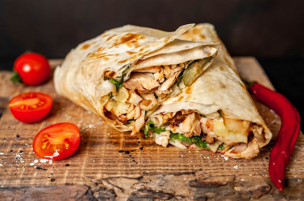 Il burrito si avvolge con pollo e verdure su un tagliere, su uno sfondo di cemento, shawarma messicano