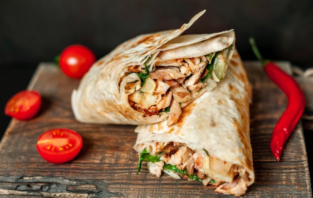 Il burrito si avvolge con pollo e verdure su un tagliere, su uno sfondo di cemento, shawarma messicano