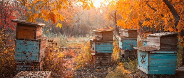 Il buzz autunnale prepara le api per l'inverno in un apiario autunnale