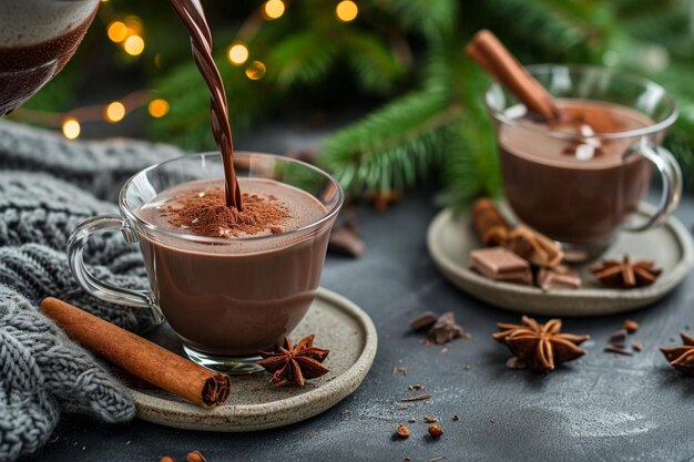 Il cacao caldo al cioccolato dolce viene versato in una tazza di vetro