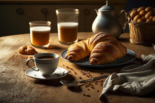 Il caffè del mattino e i croissant freschi erano sul tavolo