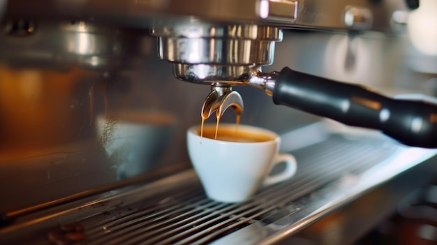 Il caffè espresso viene versato da una macchina da caffè in un'immagine generativa di AI di un caffè
