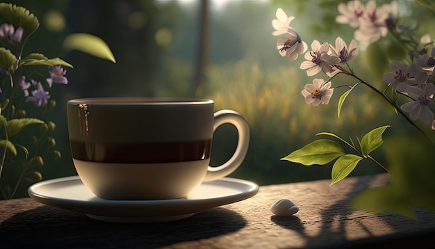 Il caffè in tazza sul tavolo di legno con fiori nella stagione primaverile calma e rilassa il caffè con l'intelligenza artificiale generativa