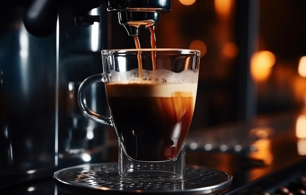 il caffè nero viene versato in una tazza di vetro che si trova su un metallo