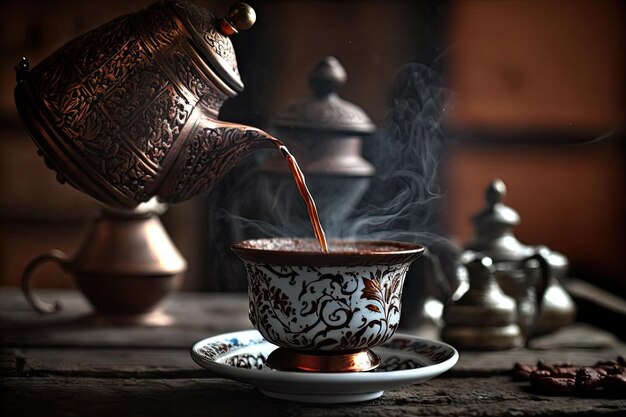 Il caffè turco viene preparato con la classica pentola di rame pronta per la tazza più perfetta