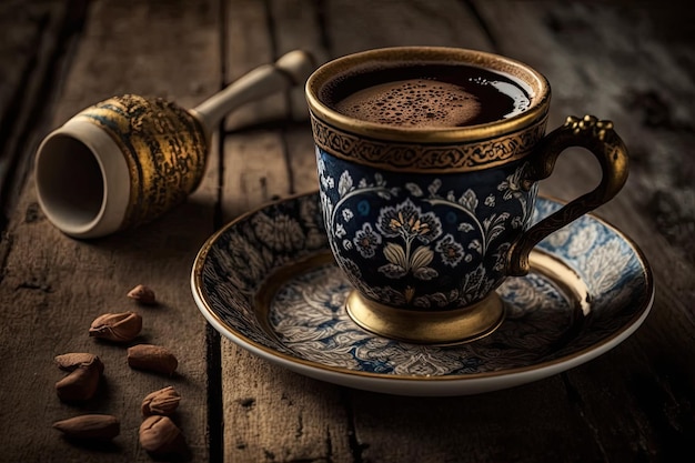 Il caffè turco viene servito in una tazza vintage su uno sfondo di legno