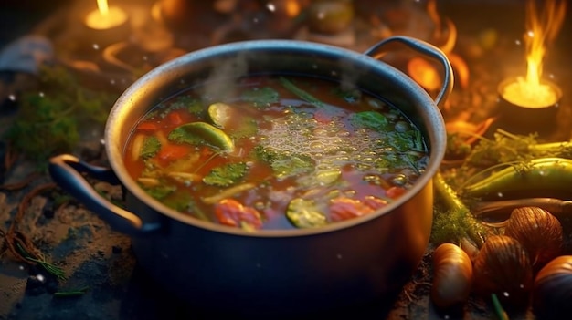 Il calderone bollente fa sobbollire una ricca ricetta di zuppa di verdure