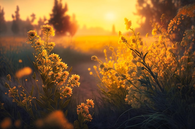 Il caldo abbraccio dell'ora d'oro bagna un prato di fiori gialli ed erba in softfocus dipingendo un sereno paesaggio al tramonto