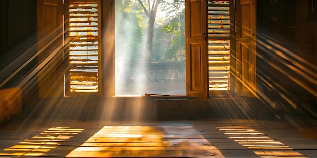 Il caldo bagliore della luce solare che filtra attraverso le persiane di legno in una stanza polverosa Concept Indoor Photography Natural Lighting Vintage Aesthetic