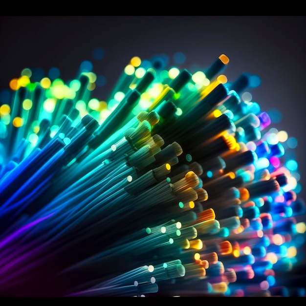 Il caleidoscopio elettrificante della fusione di colori e cavi a fibre ottiche intricati illuminano la scena creata con la tecnologia Generative AI