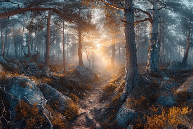 Il calmo riflesso del tramonto in una foresta tranquilla