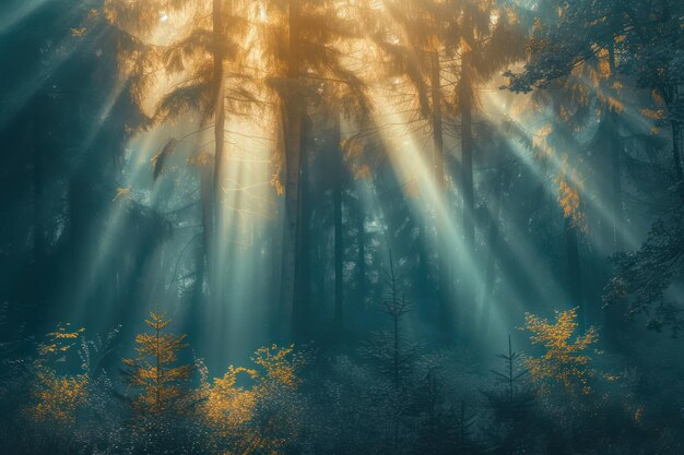 Il calmo riflesso del tramonto in una foresta tranquilla