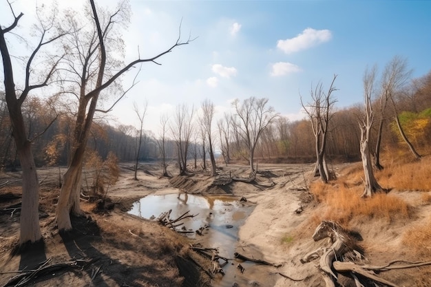 Il cambiamento climatico ha un impatto sui paesaggi naturali con fiumi prosciugati e alberi appassiti