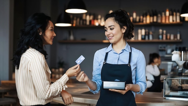 Il cameriere con la macchina per lo swipe della carta di credito mentre il cliente mostra la carta di credito nel caffè