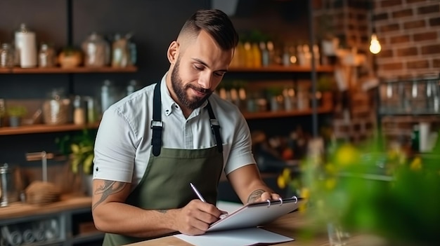 il cameriere maschio si trova sullo sfondo del ristorante e scrive l'ordine su un taccuino
