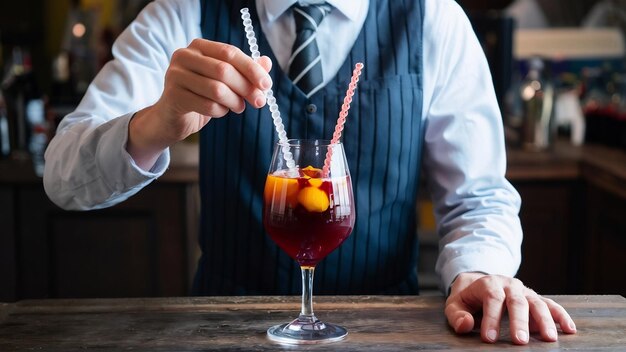 Il cameriere mette le cannucce di plastica nel cocktail di sangria in vetro.