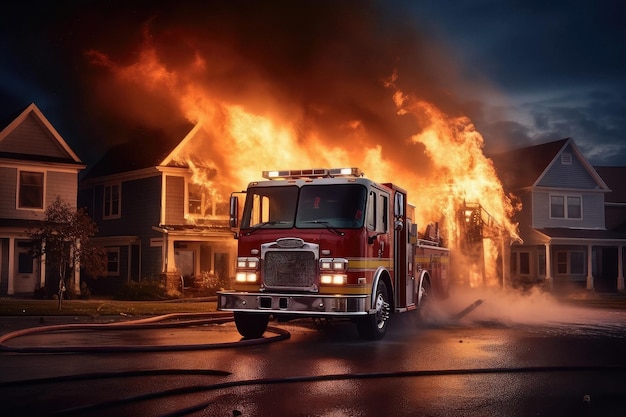Il camion dei pompieri spegne la casa in fiamme creata con la tecnologia dell'IA generativa