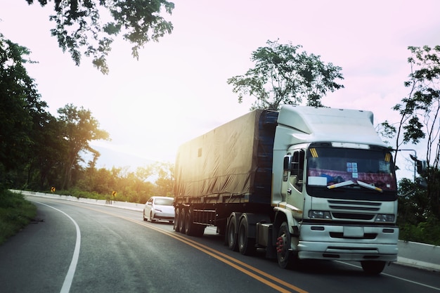 Il camion guida sull'autostrada che si snoda attraverso il paesaggio della foresta al tramonto.