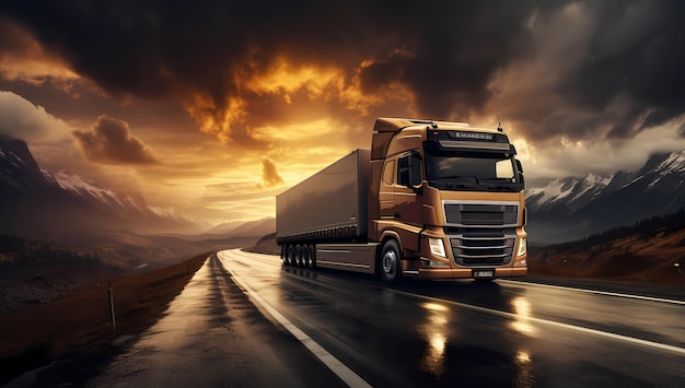 il camion sfreccia lungo l'autostrada al tramonto con un cielo ambrato generato dall'intelligenza artificiale