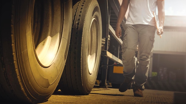 Il camionista sta controllando la sicurezza del camion Manutenzione Ispezione Sicurezza Camion Ruote Pneumatici