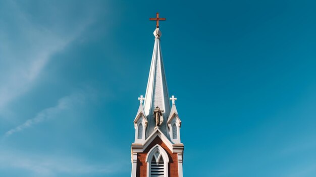 Il campanile della chiesa sul tetto contro il cielo blu