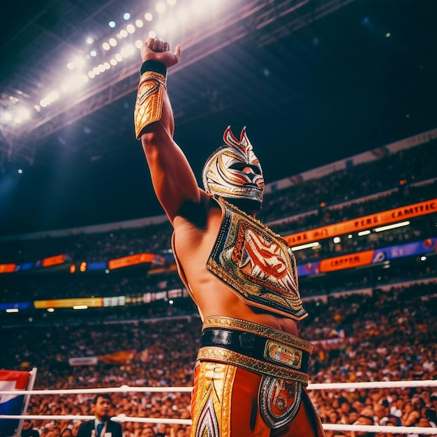 Il campione di Lucha Libre decorato indossa la sua maschera iconica e il vivace abbigliamento da wrestling generato dall'intelligenza artificiale